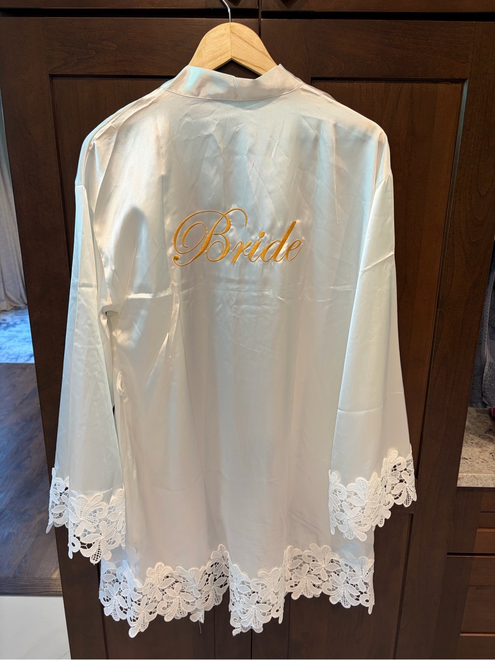 Custom Made White Satin Bride Robe with Gold Script